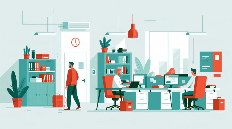 A bright office with workstations, shelves and plants.