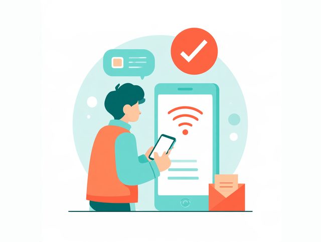 A person measures the wireless signal with a phone, and a tick shows it is good.