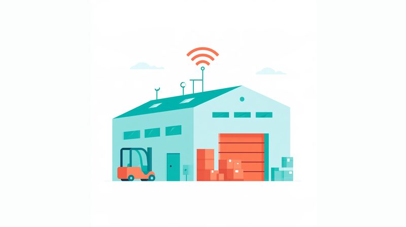 A warehouse with wireless on the roof and a forklift outside.