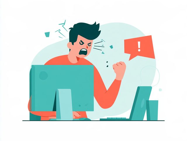 A frustrated person in front of a screen showing an alert.