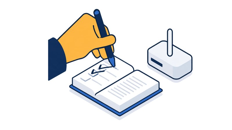 A hand ticks off a notebook next to a router.