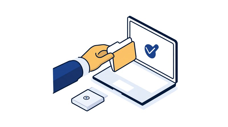 A hand brings a folder back from an external disk to the PC, and a blue tick shows that it worked.