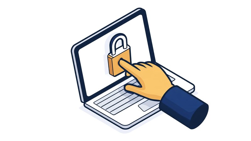 A hand locks a padlock on the screen of a PC.