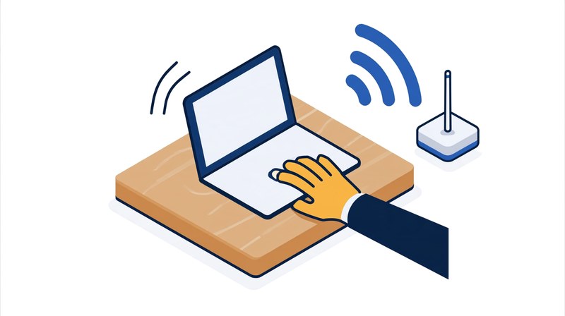 A hand moves the PC closer to the access point, and the signal gets stronger.