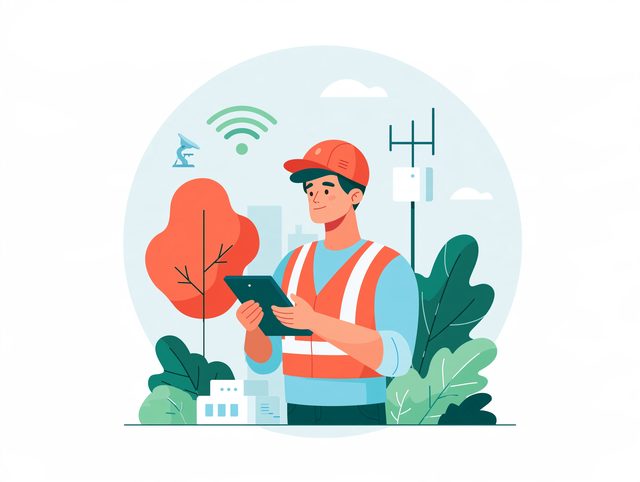 A technician with a helmet and a tablet outdoors, with a wireless signal and an antenna.